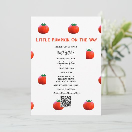 QR Code Kleine Kürbis auf dem Weg Babydusche Einladung (Stehend Vorderseite)