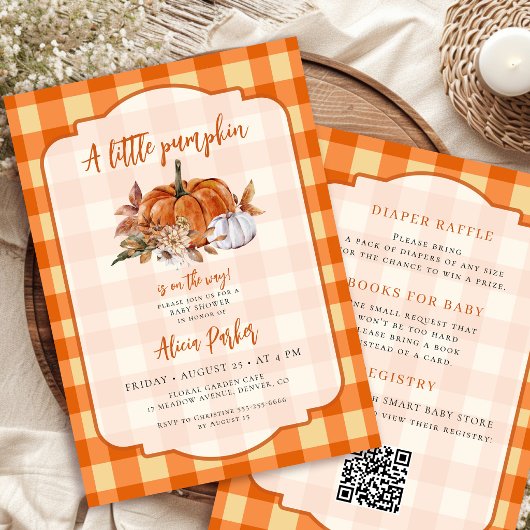 QR-Code kleiner Kürbis orange Gingham-Baby-Party Einladung