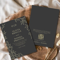 QR Code Kohle Grau & Gold Minimal Leaf Hochzeit