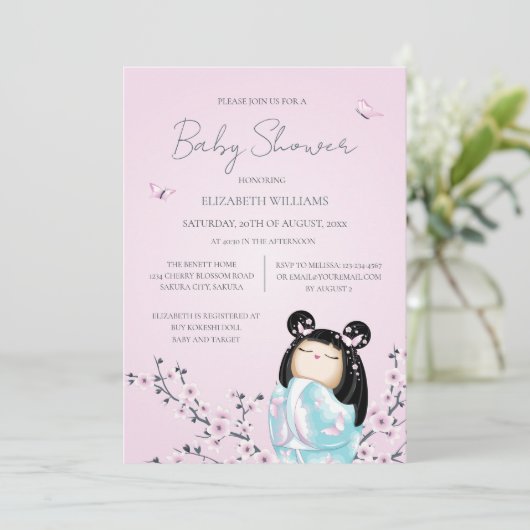 Qr-Code | Kokeshi Doll Baby Dusche Einladung (Stehend Vorderseite)