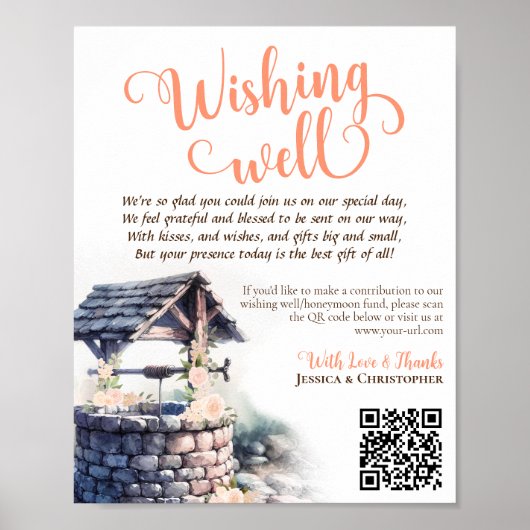 QR Code Korallenpfirsichbriefe Rose Hochzeit wünsc Poster (Vorne)