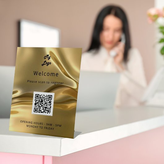 QR-Code Kundenregistrierung Gold Metall-Empfang Sockelschild