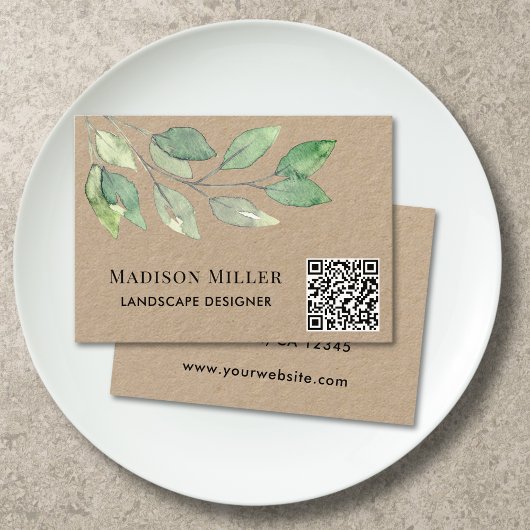QR Code Landscape Designer Watercolor Greenery Visitenkarte