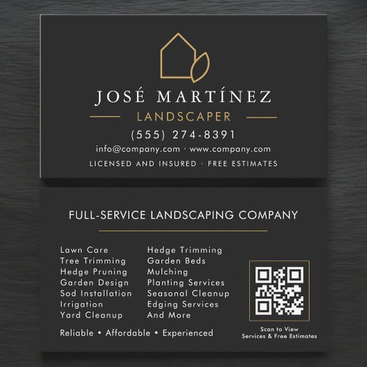 QR Code Landscaper Lawn Service Black & Gold Visitenkarte