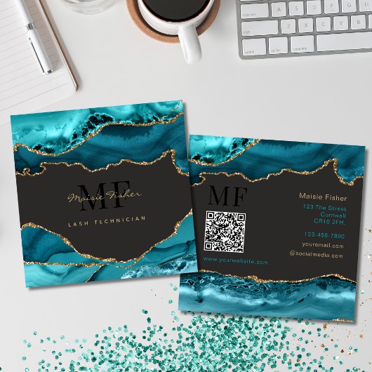 QR Code Lashes Teal Turquoise Gold Agate Monogram Quadratische Visitenkarte