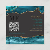 QR Code Lashes Teal Turquoise Gold Agate Monogram Quadratische Visitenkarte (Rückseite)
