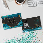QR Code Lashes Teal Turquoise Gold Agate Monogram Visitenkarte