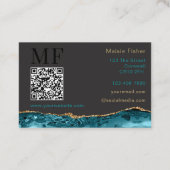 QR Code Lashes Teal Turquoise Gold Agate Monogram Visitenkarte (Rückseite)