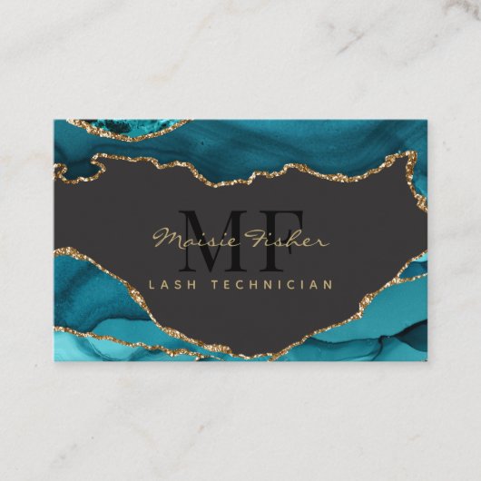 QR Code Lashes Teal Turquoise Gold Agate Monogram Visitenkarte (Vorderseite)