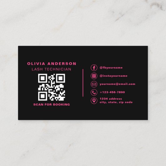 QR Code Lashes Techniker heiß rosa schwarz Visitenkarte (Rückseite)