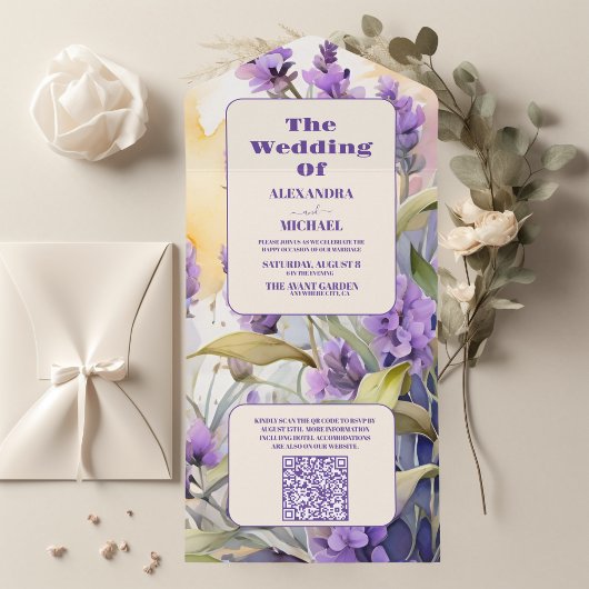 QR Code Lavender Lila florale Elegant Hochzeit All In One Einladung