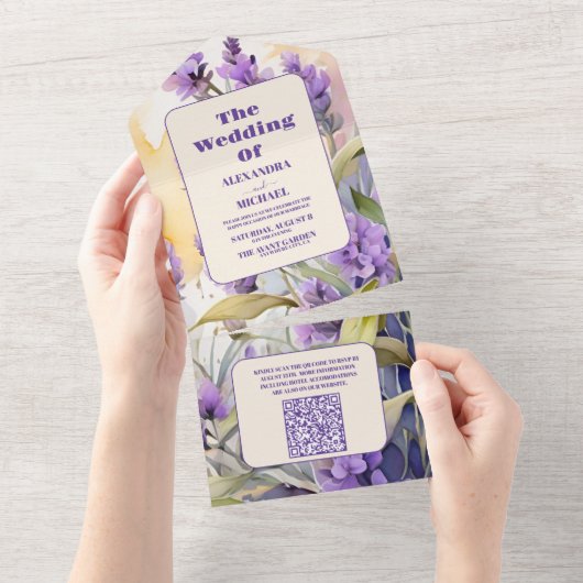 QR Code Lavender Lila florale Elegant Hochzeit All In One Einladung (Abreißen)