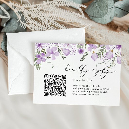 QR-Code Lavender Watercolor Floral Wedding RSVP Karte