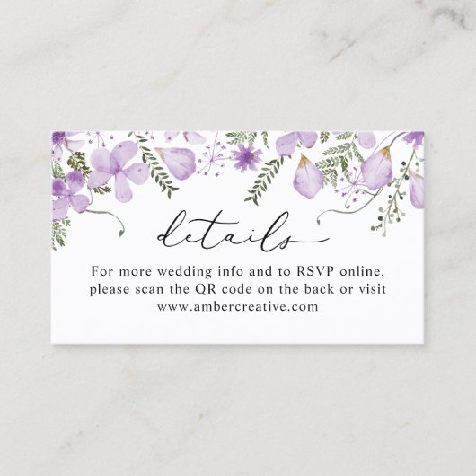 QR Code Lavender Wedding Details Enclosure Card Visitenkarte (Vorderseite)