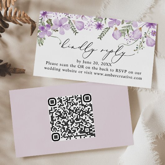 QR Code Lavender Wedding RSVP Enclosure Card Visitenkarte