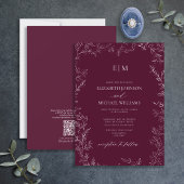 QR Code Leaf Burgundy Elegant Monogram Wedding Einladung