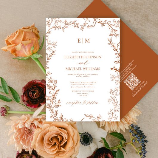 QR Code Leaf Burnt Orange Elegant Monogram Wedding Einladung