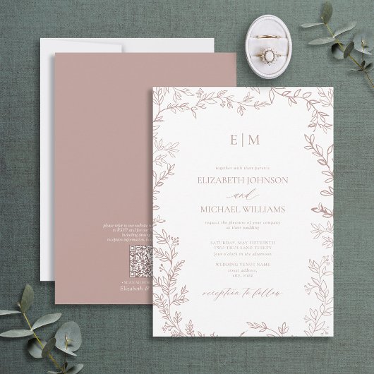 QR Code Leaf Dusty Rose Elegant Monogram Wedding Einladung
