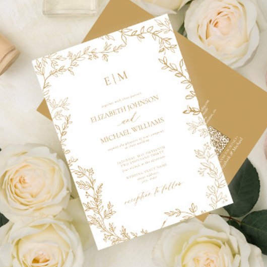 QR Code Leaf Gold Elegante Monogram Wedding Einladung