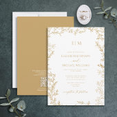 QR Code Leaf Gold Elegante Monogram Wedding Einladung