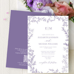 QR Code Leaf Lavender Elegant Monogram Wedding Einladung