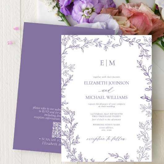 QR Code Leaf Lavender Elegant Monogram Wedding Einladung