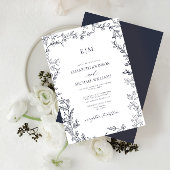 QR Code Leaf Navy Blue Elegant Monogram Wedding Einladung
