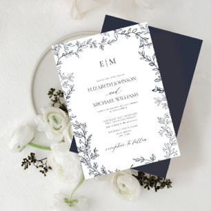 QR Code Leaf Navy Blue Elegant Monogram Wedding Einladung