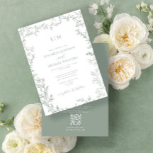 QR Code Leaf Sage Green Elegant Monogram Wedding