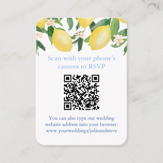QR Code Lemons Blue and White Citrus Wedding RSVP Begleitkarte (Vorderseite)