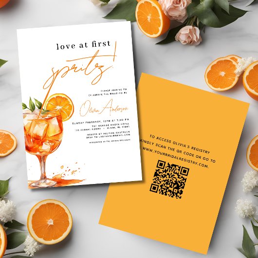 QR-Code-Liebe im ersten Spritz-Orange-Brautparty Einladung