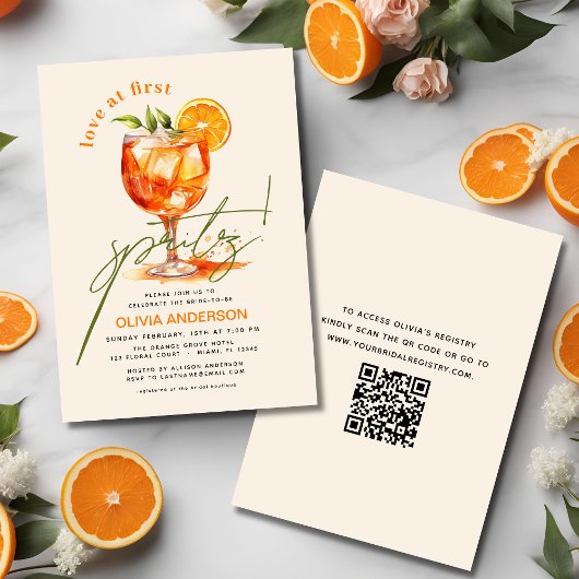 QR-Code-Liebe im ersten Spritz-Orange-Brautparty Einladung