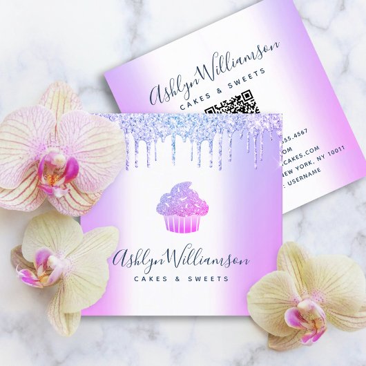 QR Code Lila Cupcake Glitzer Tropfen Bäckerei Kond Quadratische Visitenkarte