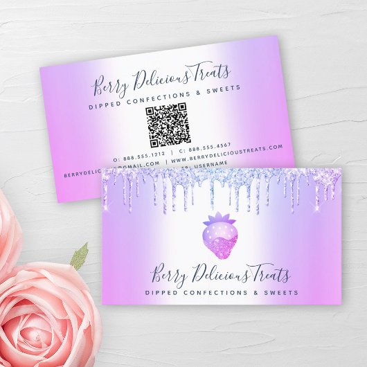 QR-Code Lila Glitzer Erdbeeren-Konfektion Koch Visitenkarte