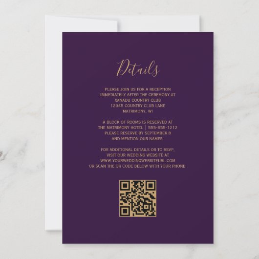 QR Code Lila Gold Agate Plum Wedding Einladung (Rückseite)