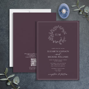 QR-Code Lila Lila Blattkranz Monogramm Hochzeit Einladung