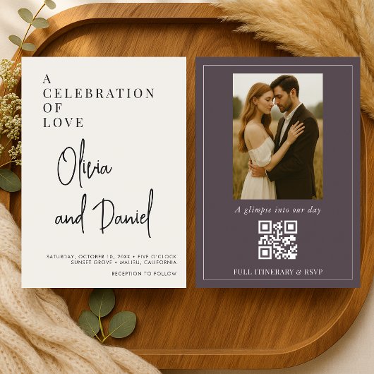 QR-Code Lila Schrift Foto Hochzeit Einladung