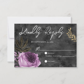 QR Code Lila und Black Floral Wedding RSVP Card