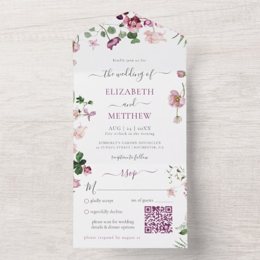 Qr Code Lila und rosa Hochzeit All In One Einladung (Innen Boden)