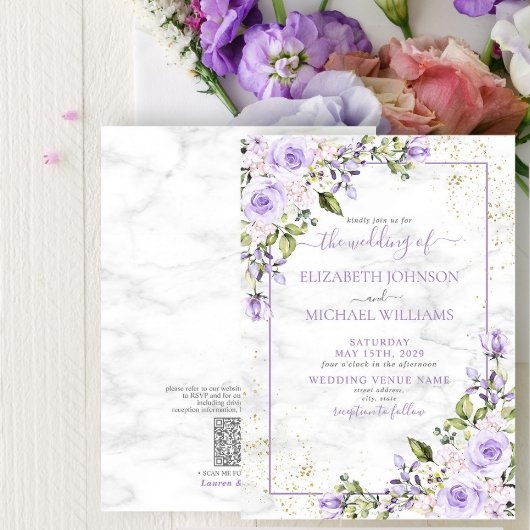 QR Code Lilac Lavender Gold Marble Floral Wedding Einladung