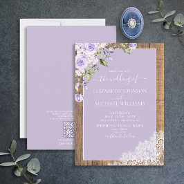 QR Code Lilac Lavender Rustic Wood Lace Wedding Einladung