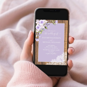 QR Code Lilac Lavender Rustic Wood Lace Wedding Einladung