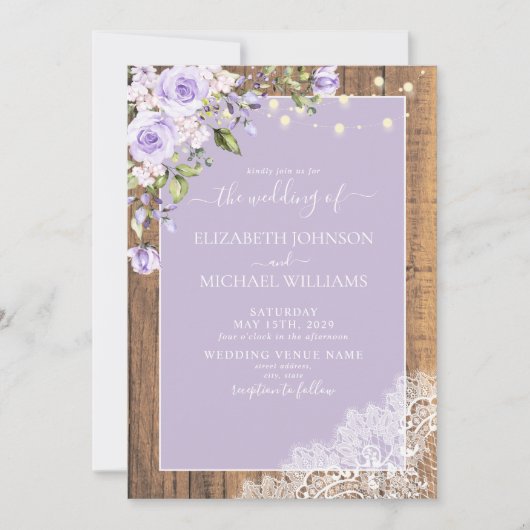 QR Code Lilac Lavender Rustic Wood Lace Wedding Einladung (Vorderseite)