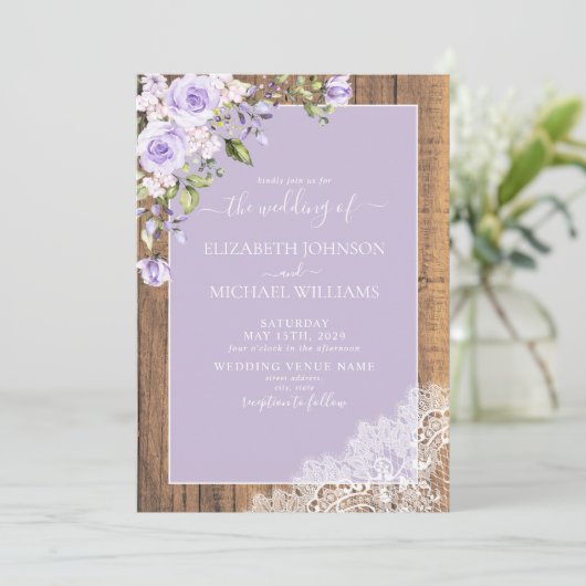 QR Code Lilac Lavender Rustic Wood Lace Wedding Einladung (Stehend Vorderseite)