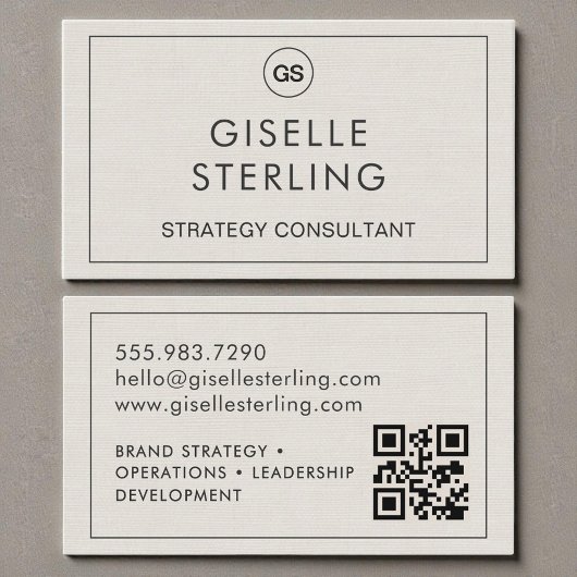 QR Code Linen Monogram Modern Visitenkarte