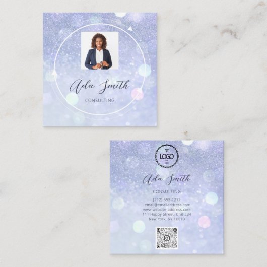 QR-Code-Logo Benutzerdefiniertes Foto Blue Glitzer Quadratische Visitenkarte (Vorne/Hinten)