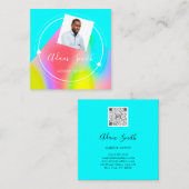 QR-Code-Logo Benutzerdefiniertes Foto Makeup Blau Quadratische Visitenkarte (Vorne/Hinten)