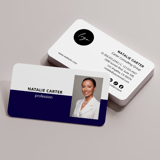 QR CODE Logo Beruflich Foto Portrait NAVY Visitenkarte