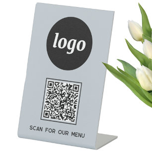 QR Code Logo Business Scan für Menü Light Blue Sockelschild