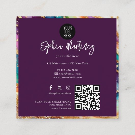 QR Code & Logo Elegant Rainbow Agate gold Glitter Quadratische Visitenkarte (Rückseite)